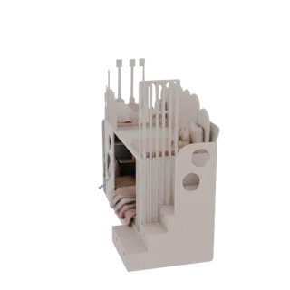 3D model of a modern, light-colored bunk bed with integrated stairs, railings, and circular cutouts, designed for a child's r