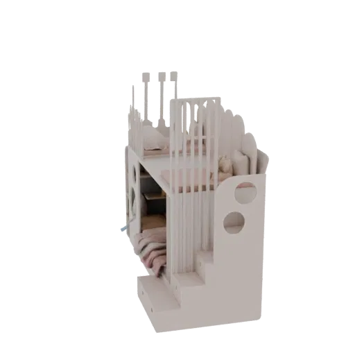 3D model of a modern, light-colored bunk bed with integrated stairs, railings, and circular cutouts, designed for a child's r