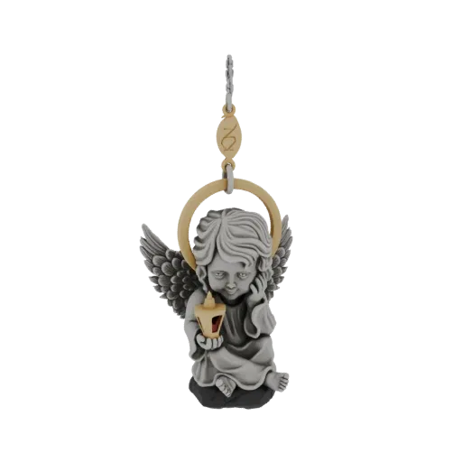3D model of a cherubic angel with feathered wings holding a glowing candle, with a golden halo and ring.