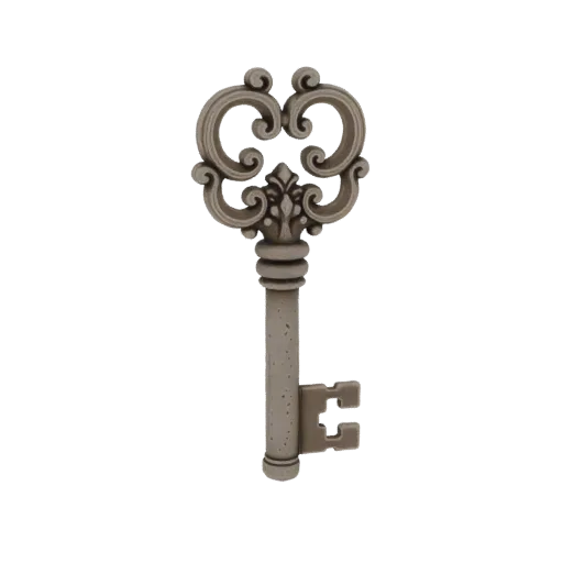 A detailed 3D render of an ornate, antique-style skeleton key with a decorative bow and textured shaft.