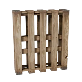 Industrielle Holzpalette Low-Poly 3D-Modell, Spiel-Viewport-Dreiviertelansicht, zeigt Holzplanken, stapelbare Masse.