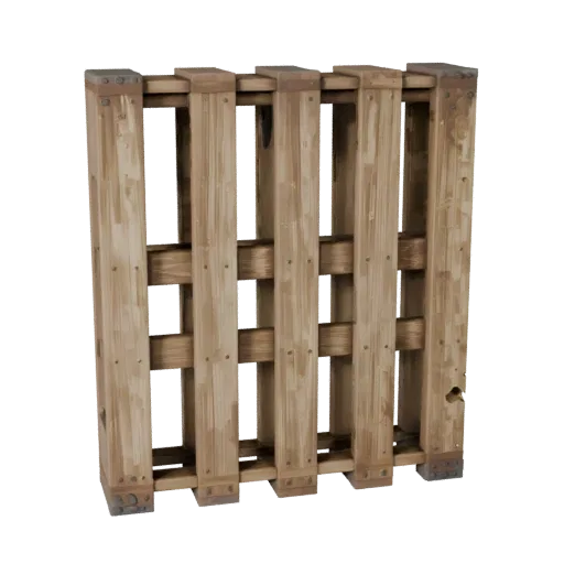 Industrial Wooden Pallet Low Poly 3D model, game viewport three-quarter view, showing wood planks, stackable massing.