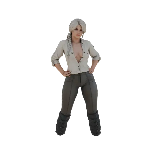 3D model of a confident woman with blonde braided hair, wearing a light button-up shirt and grey trousers, hands on hips.