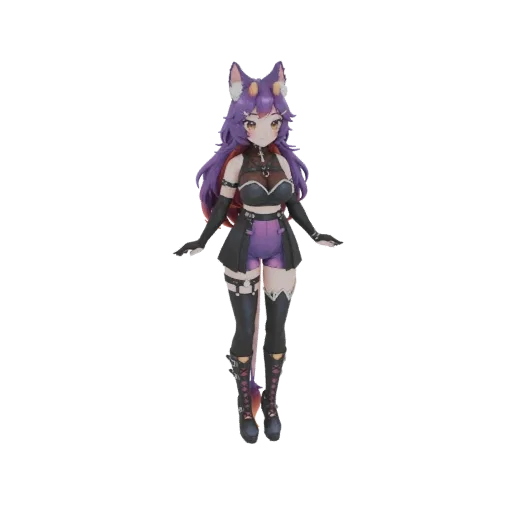3D model of a gothic anime girl with purple hair, cat ears, and a dark outfit, standing with hands outstretched.