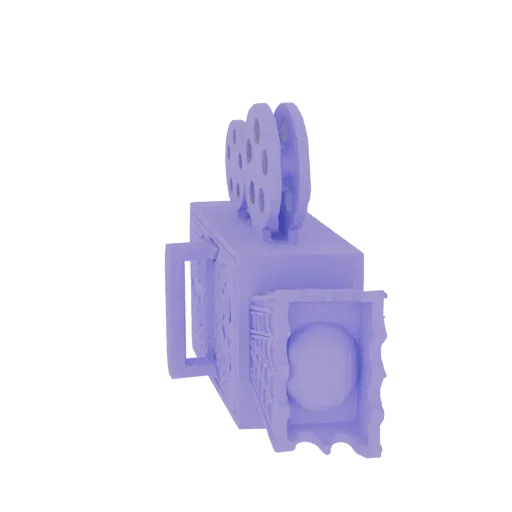 A 3D render of a vintage film camera in a soft purple color, featuring a crank handle and film reels.