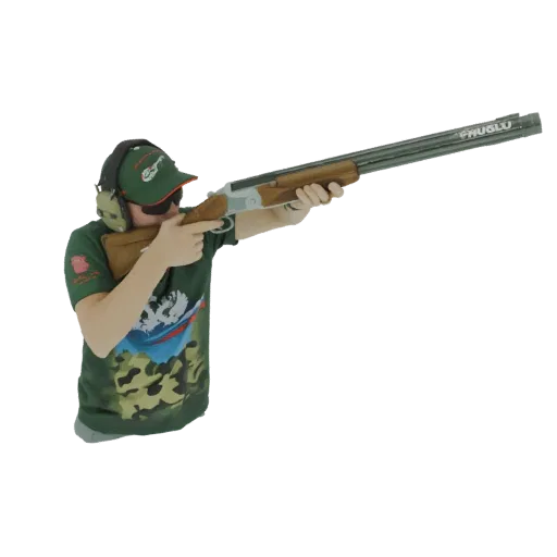 3D model of a clay pigeon shooter wearing earmuffs and a cap, aiming a shotgun in a dynamic pose.