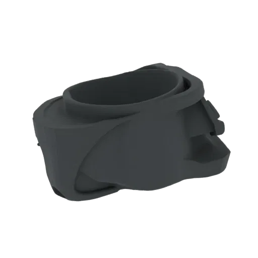 3D model of a dark grey abstract ring with a thick, sculptural band, viewed from a slightly elevated side angle.