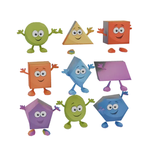 A collection of colorful, anthropomorphic cartoon geometric shapes including a circle, triangle, square, diamond, pentagon, o