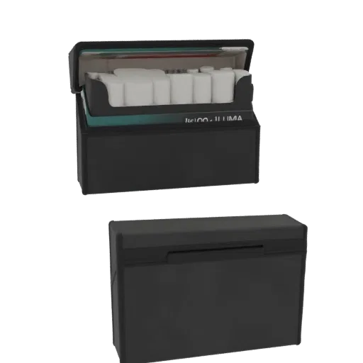 3D model of a black IQOS ILUMA case, shown open and closed, against a white background.