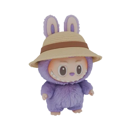 A 3D render of a fluffy purple bunny creature wearing a straw hat, with large eyes and a wide smile.