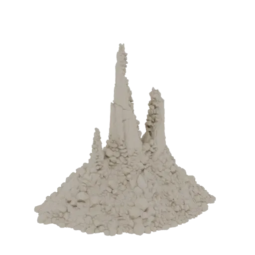 3D model of a cluster of jagged, weathered rock spires rising from a base of rubble and stones.