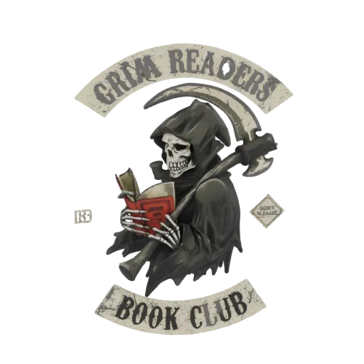 3D model of the Grim Reaper wearing a cloak, holding an open book, with a scythe and pipe.