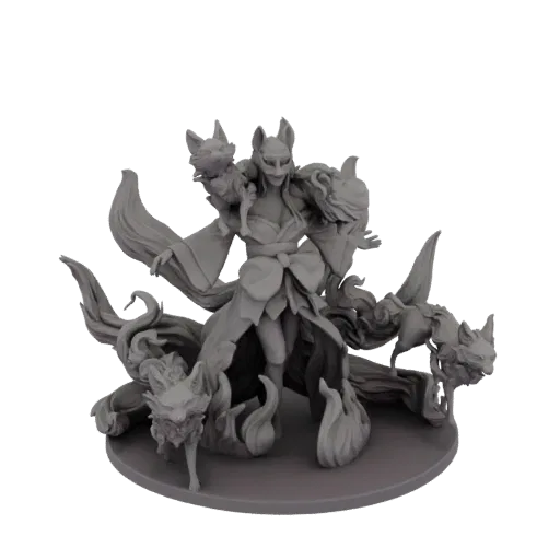 3D model of a Nine-Tailed Fox Spirit with nine flowing tails and fox companions, presented on a circular base.