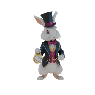 Modelo 3D do Coelho Branco de Alice no País das Maravilhas, vestindo cartola e terno, segurando um relógio de bolso.