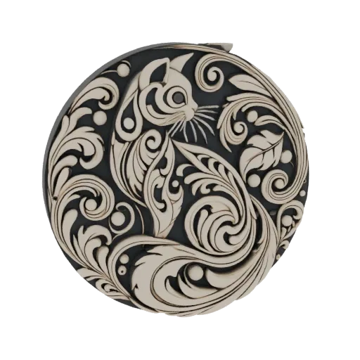 3D model of a stylized cat with intricate swirling filigree and floral patterns, rendered in a light beige against a dark bac