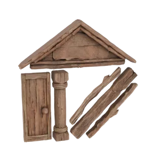 Modello 3D di elementi architettonici rustici in legno, inclusi porta, colonna, tetto e assi, su sfondo bianco.