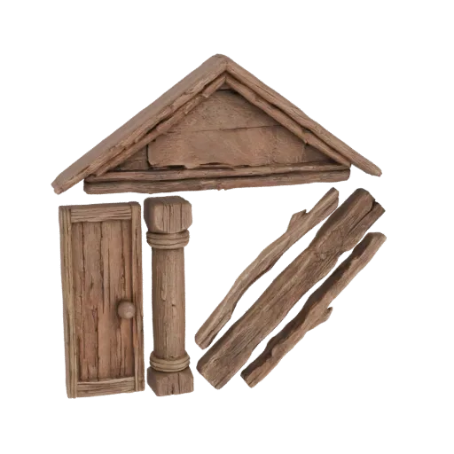 3D model of rustic wooden architectural elements including a door, column, roof, and planks, set against a white background.