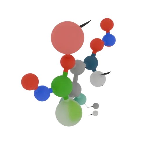 Organic Molecule Set 3D model, side profile view, technical viewport render, showing colored spheres, molecule layout.