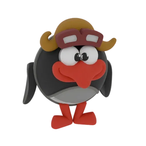 3D model of a cute, cartoonish penguin wearing aviator goggles and a cap, with a red beak and feet, against a black backgroun