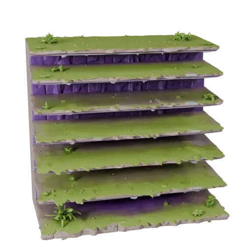 Ruined City Overgrowth Biome Modular 3D model, isometric modular kit view, showing terrain layers, built remnants.