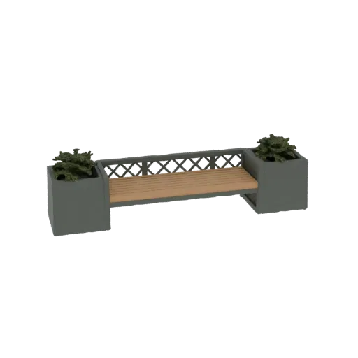 A 3D render of a modern park bench with a wooden seat and grey planters on each side, featuring green plants.