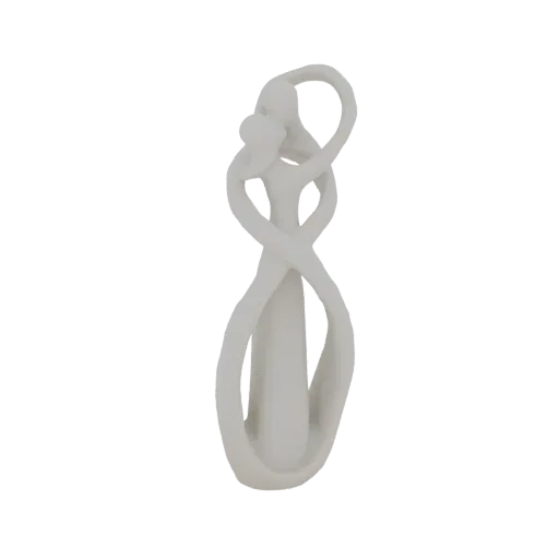 3D model render of a white abstract sculpture showing a couple in a close embrace with flowing, intertwined forms.