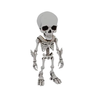 Un rendering 3D di uno scheletro cartone animato stilizzato in piedi su sfondo nero, che mostra le sue caratteristiche amiche