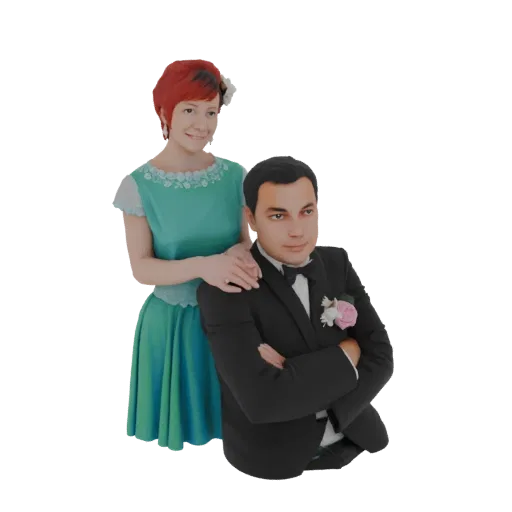 3D model of a couple in formal attire: a man in a tuxedo and a woman in a teal dress, posed together.