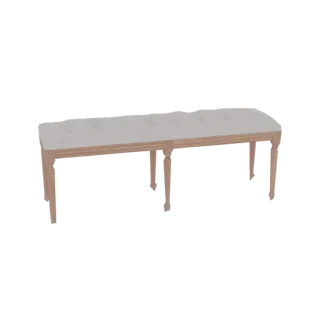 3D-Modell einer eleganten Hockbank mit heller Polsterung und warmem Holzrahmen, auf schwarzem Hintergrund.
