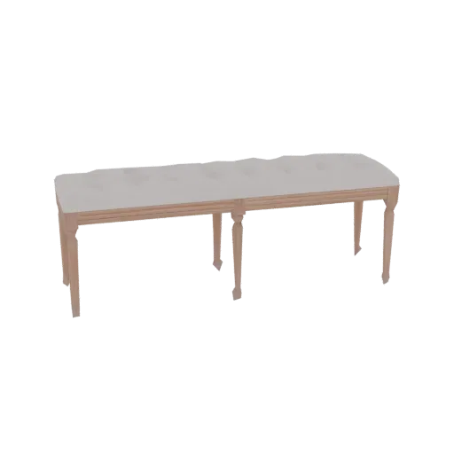 3D model of an elegant tufted bench with light upholstery and a warm wood frame, presented on a black background.