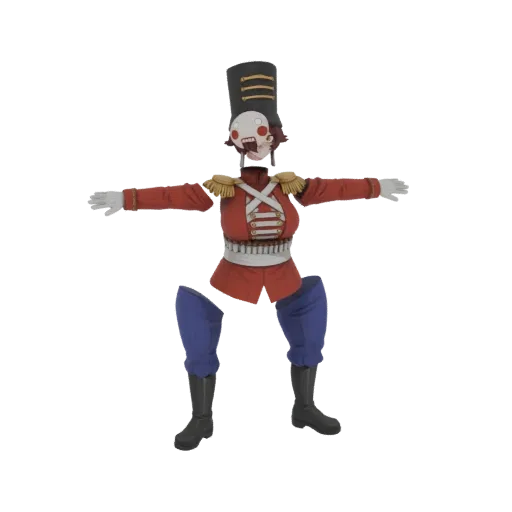 3D model of a toy soldier character with a red uniform, black hat, and white mask, posed in a T-pose.