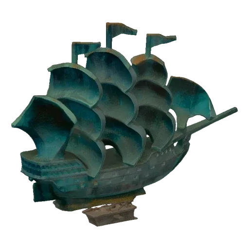3D model of an aged teal galleon ship, viewed from the side, with detailed sails and hull.