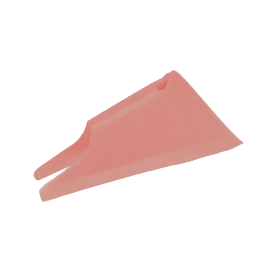Una renderización 3D de una escultura geométrica abstracta con formas rosadas fluidas sobre un fondo blanco.