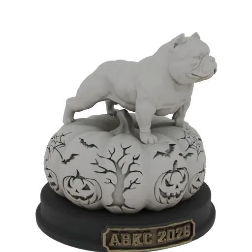 3D model of a white bulldog standing on a carved Halloween pumpkin with jack-o'-lanterns and bats, on a black base with 'ABKC