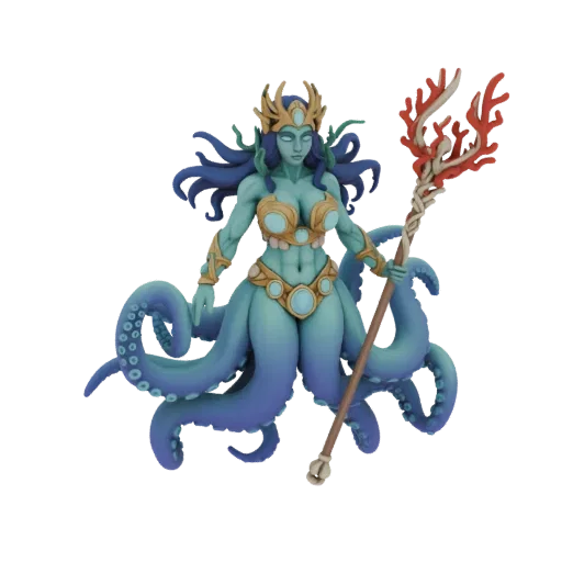3D model of a regal Octopus Queen with blue skin, golden armor, a crown, and multiple tentacles, holding a coral-topped staff