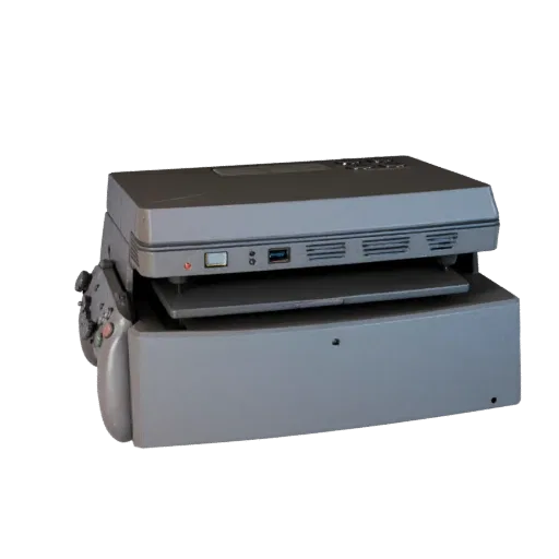 Next Gen Game Console Realistic 3D model, three-quarter studio render, showing matte plastic, console proportions.