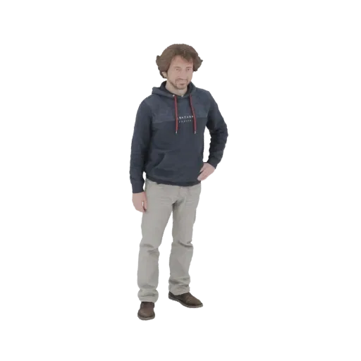 3D model render of a man wearing a dark blue hoodie with red accents and light beige jeans, standing with his hand on his hip.