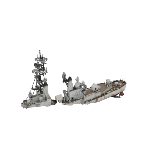 3D model of a weathered destroyer with a detailed mast, showing signs of wear and rust, against a black background.