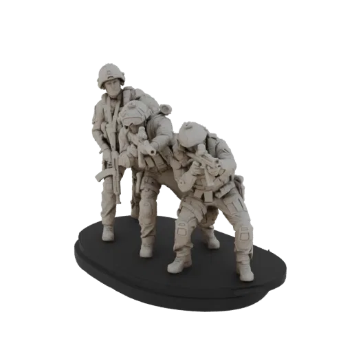 3D model of a three-man tactical team in combat poses, armed with rifles, on a display base.