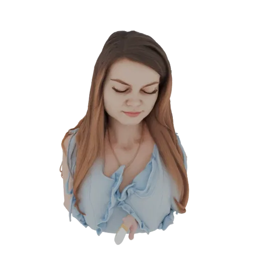 Modello 3D di una giovane donna con lunghi capelli castani, che indossa un abito blu chiaro con balze e una collana, con gli