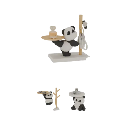 3D model of a cute panda tea party diorama with three pandas and miniature accessories.