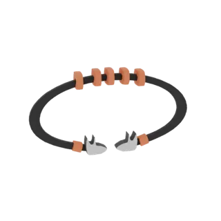 Render 3D de una pulsera minimalista con banda negra, cinco cuentas naranjas y dos extremos plateados en forma de garra, pres