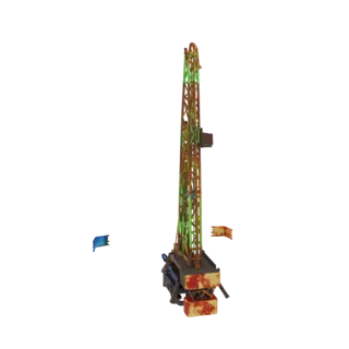 3D-Modell einer rostigen Ölbohrplattform mit grünen Strukturelementen und einem detaillierten Sockel, vor weißem Hintergrund.
