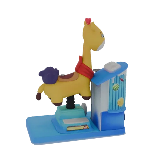 Modello 3D di un cavallino giraffa giallo con sciarpa rossa e pannello di controllo blu, su sfondo nero.