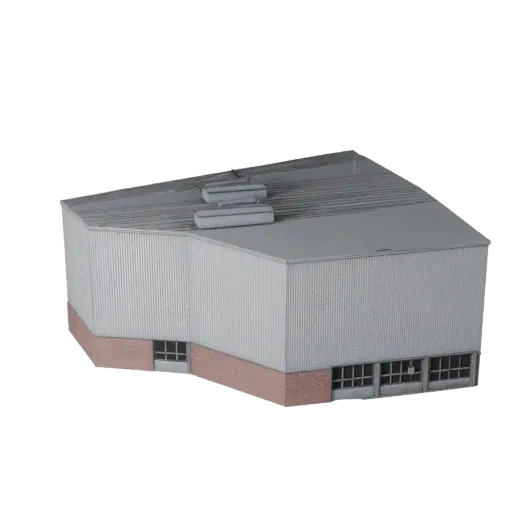 Modèle 3D haute poly de centre de distribution, vue rapprochée de rendu architectural, montrant les matériaux de bâtiment ind
