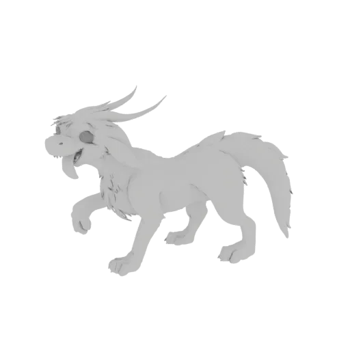 3D model of a white mythical creature with multiple tails and horns, captured in a dynamic, mid-stride pose against a black b
