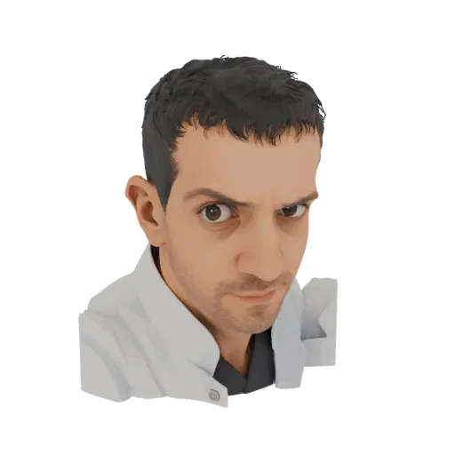 3D model of a man wearing a white lab coat, looking directly at the viewer with a neutral expression.