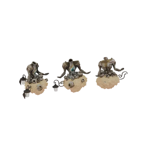 Modelo 3D de torso gótico con acentos florales y linternas antiguas sobre base texturizada, estilo fantasía oscura.