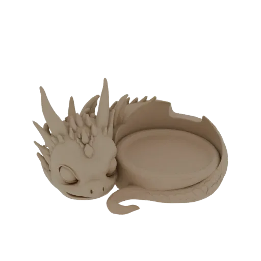 3D model of a sleeping baby dragon curled around a small dish, with detailed scales and horns.