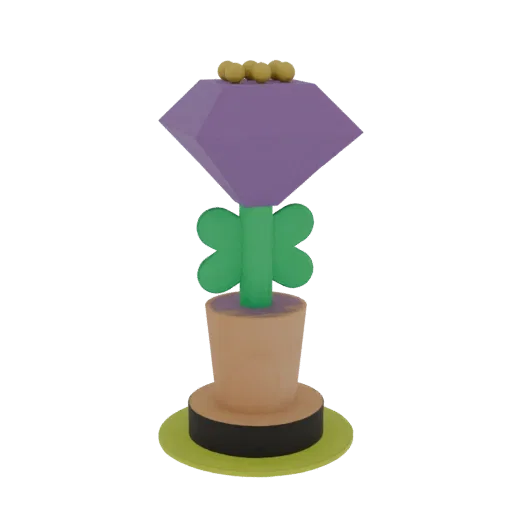 3D model of a stylized purple gem flower with green butterfly leaves in a pot, on a black and yellow base.